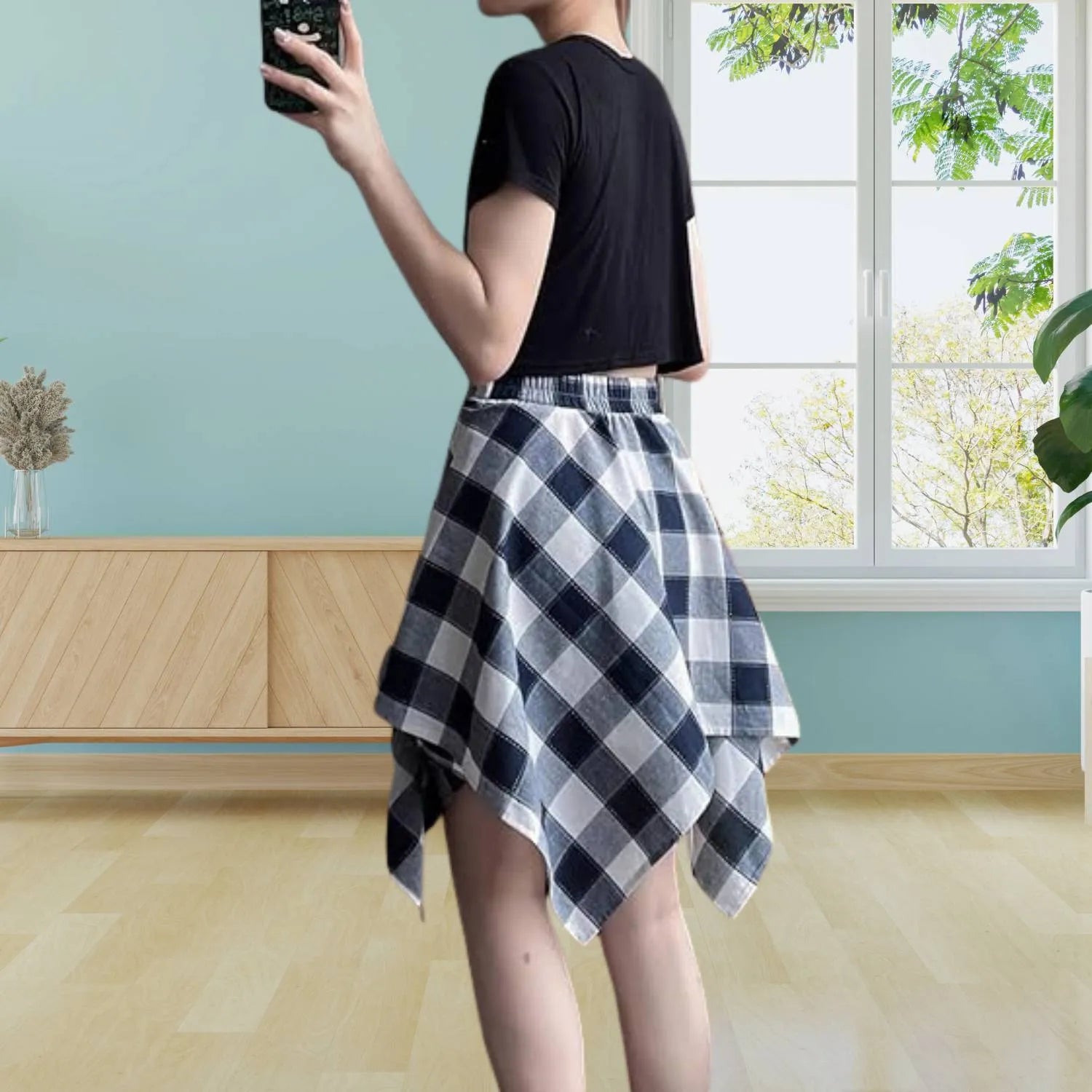 Casual Vintage Plaid Skirt for Women with Adjustable Waist | Charlotte-White/Blue