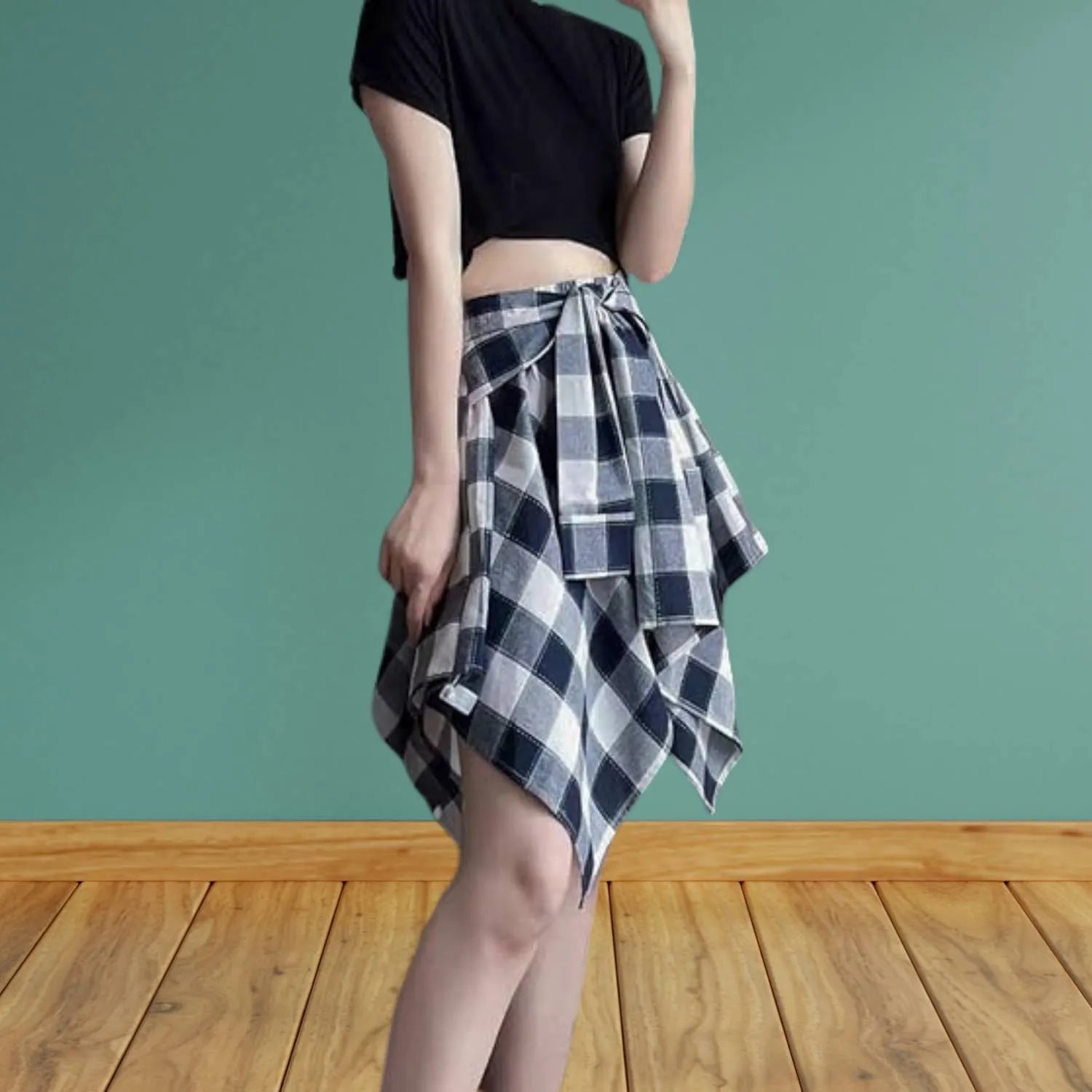 Casual Vintage Plaid Skirt for Women with Adjustable Waist | Charlotte-White/Blue