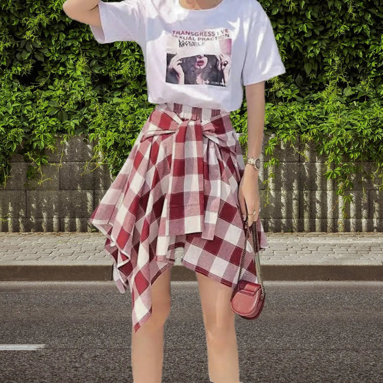 Casual Vintage Plaid Skirt for Women with Adjustable Waist | Charlotte-Red/White