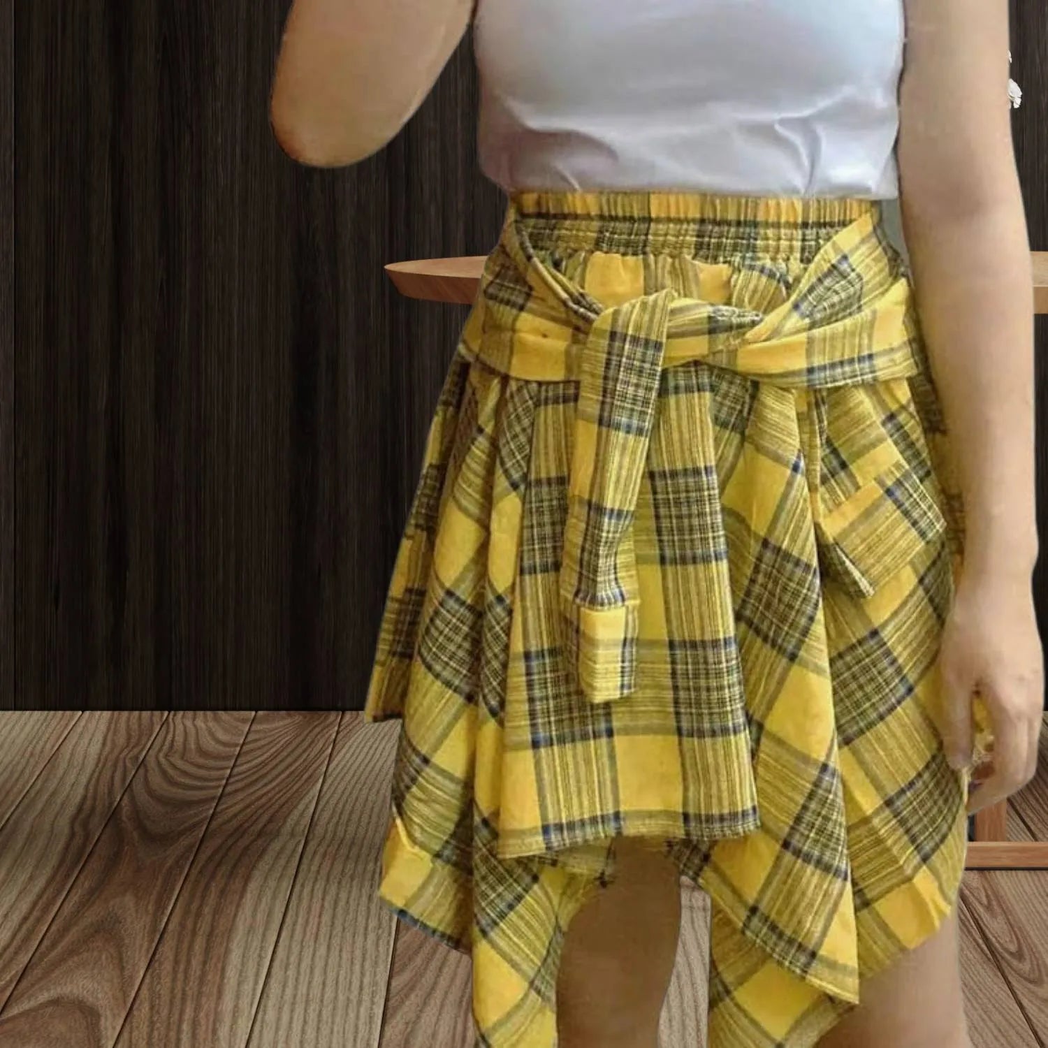 Casual Vintage Plaid Skirt for Women with Adjustable Waist | Charlotte-Yellow