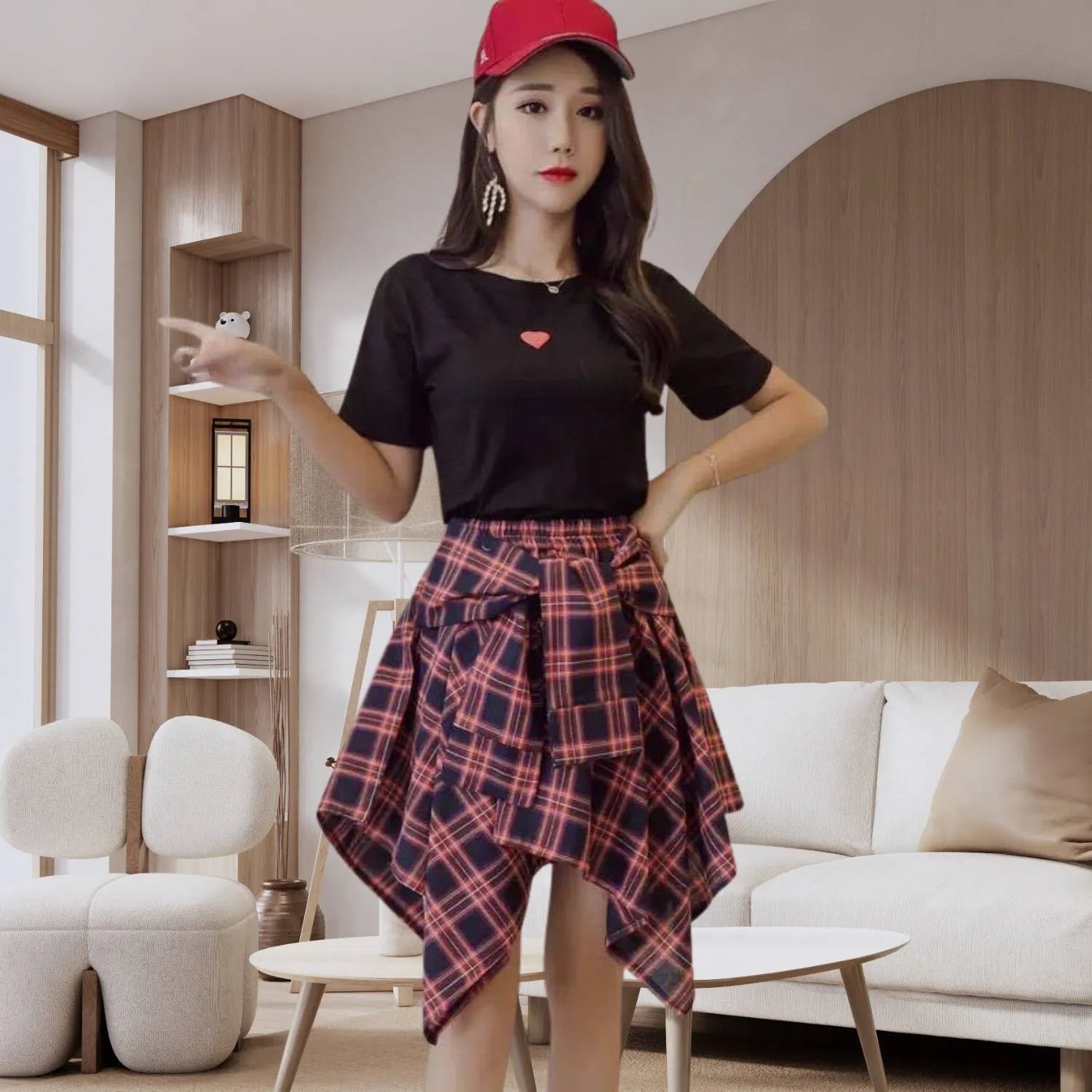 Casual Vintage Plaid Skirt for Women with Adjustable Waist | Charlotte-Blue/Red