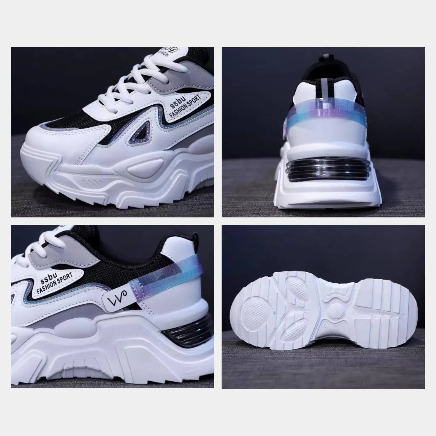 Charina Women’s Sneakers with Thick Sole – Comfortable Lace-Up Design-White/Black