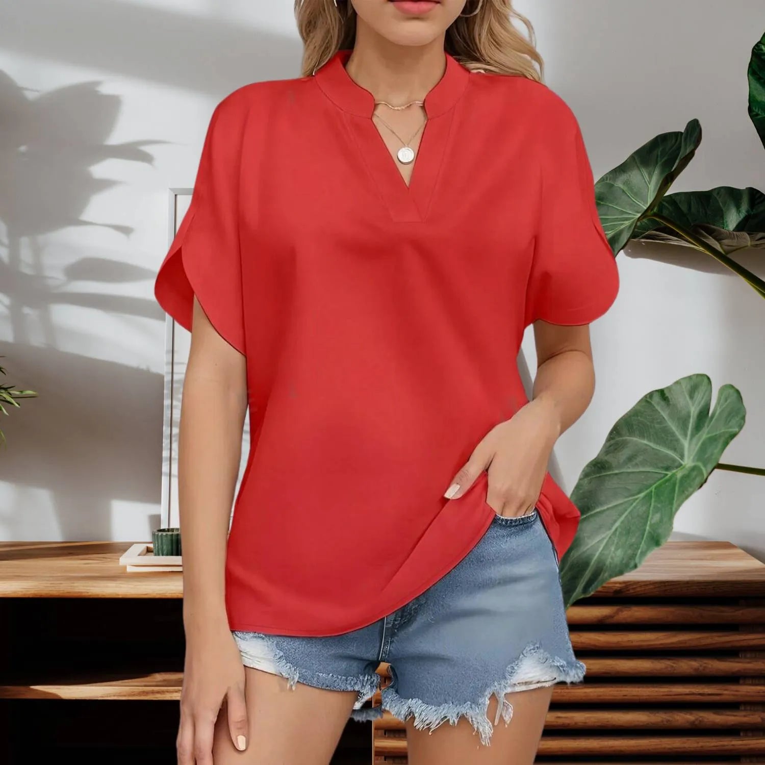 Chic Lightweight Split Sleeve Blouse for Women with V-Neckline | Aisha-Red