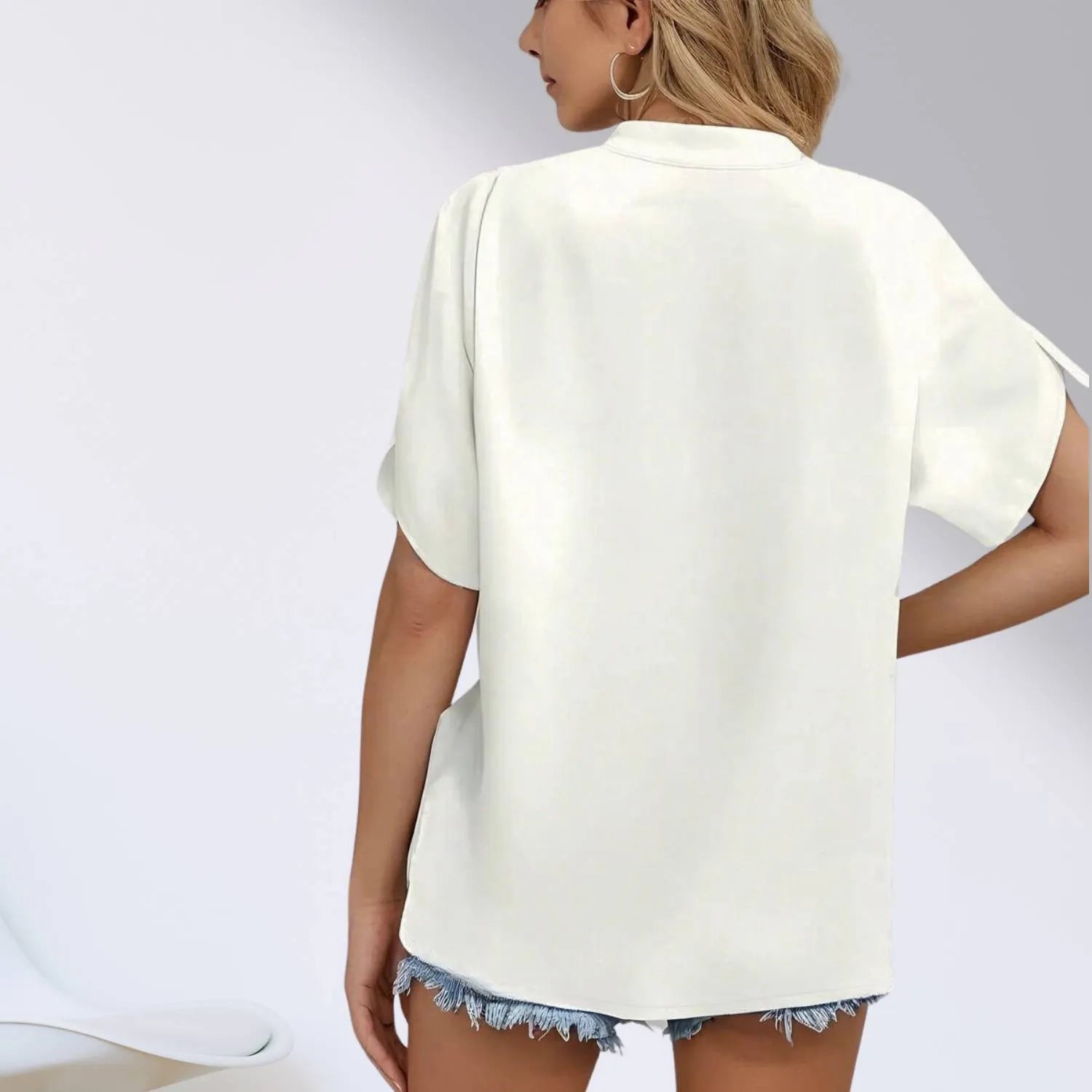 Chic Lightweight Split Sleeve Blouse for Women with V-Neckline | Aisha-White