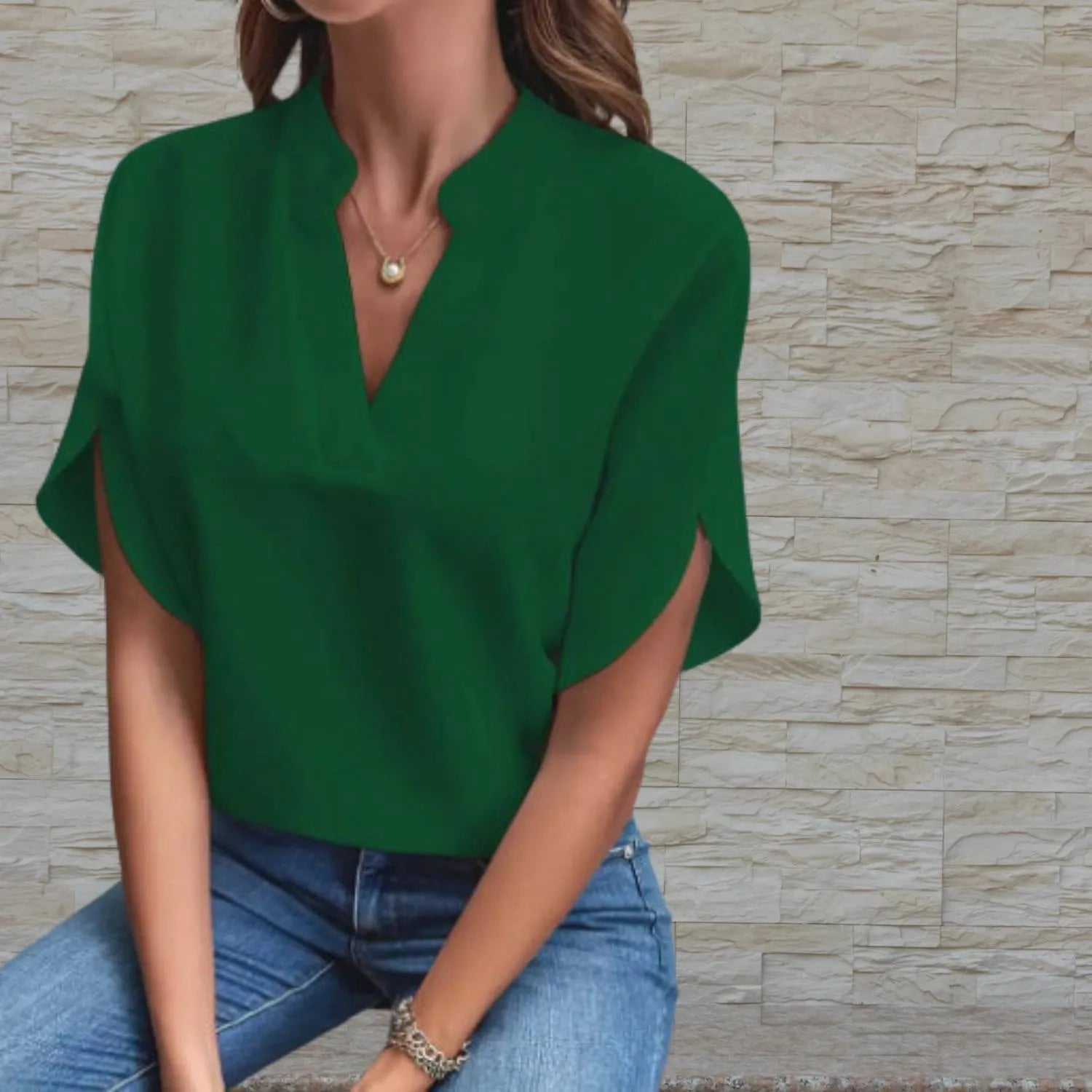 Chic Lightweight Split Sleeve Blouse for Women with V-Neckline | Aisha-Green