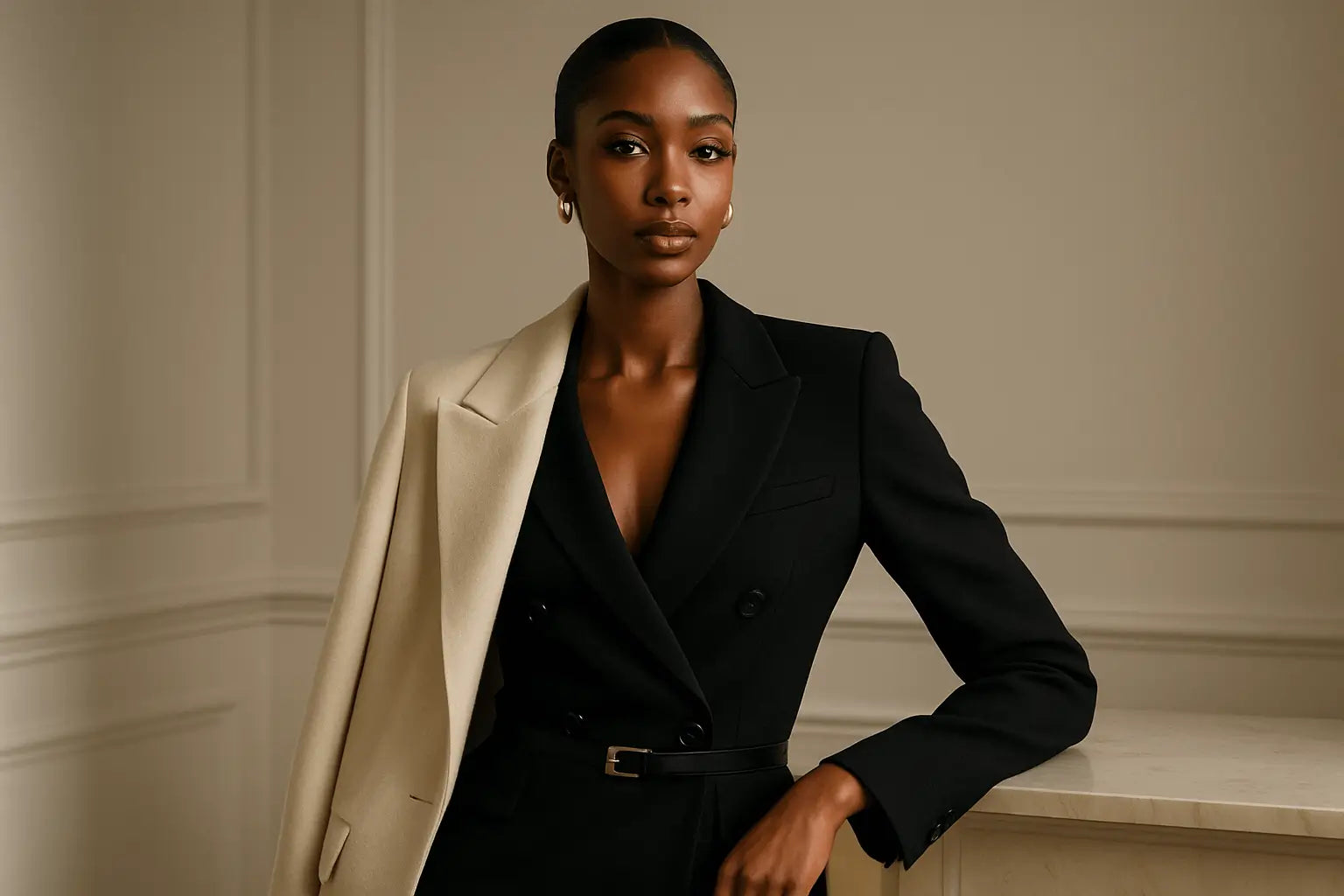 Woman wearing a black blazer over a beige coat against a neutral wall.