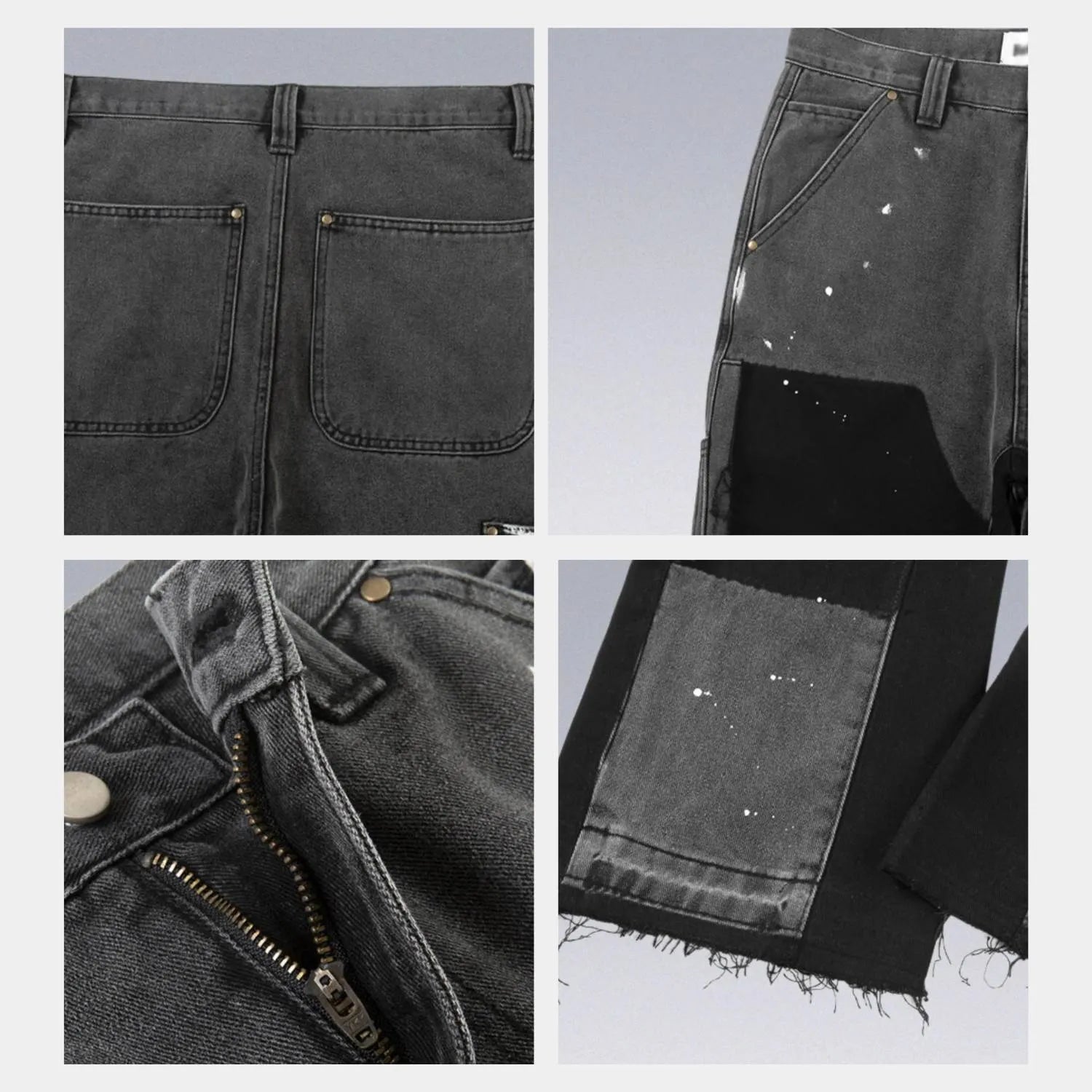 High-waisted Patchwork Denim Trousers for Men with Retro Flare-Black