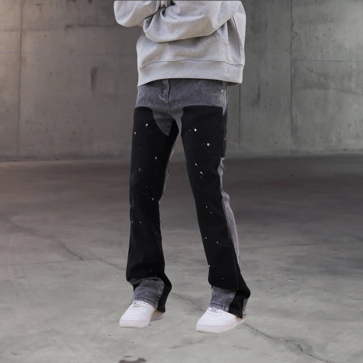 High-waisted Patchwork Denim Trousers for Men with Retro Flare-Black