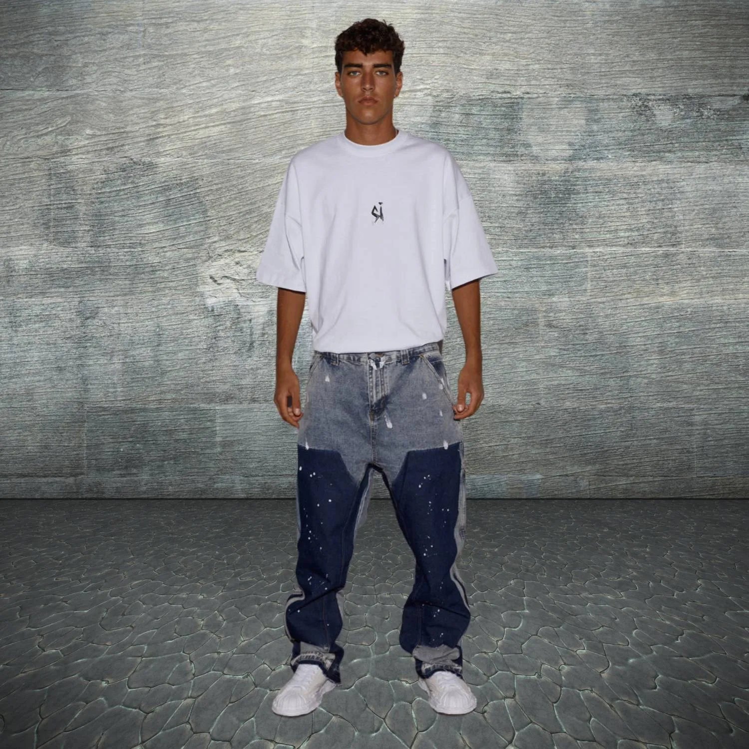 High-waisted Patchwork Denim Trousers for Men with Retro Flare-Blue