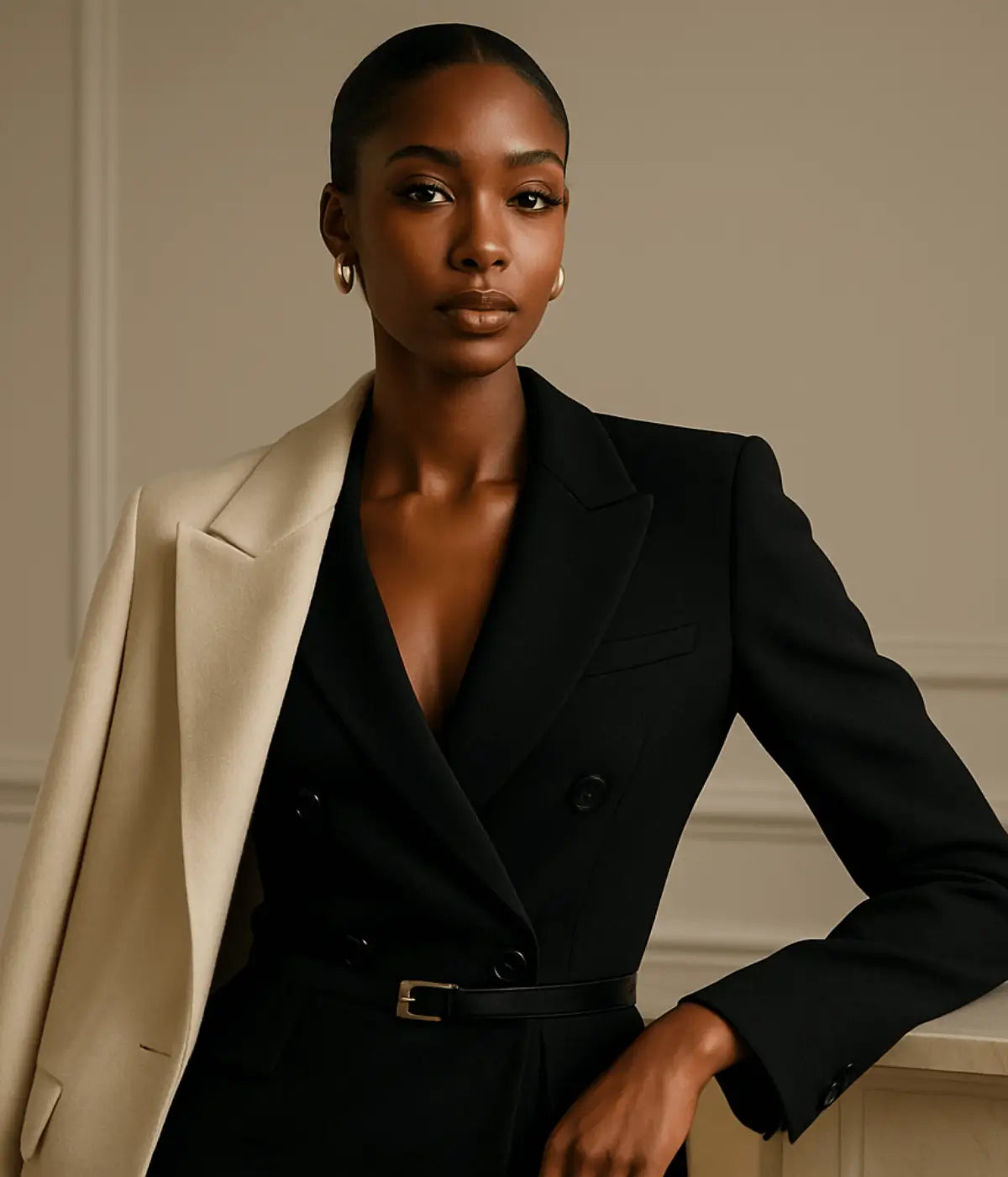 Woman wearing a black blazer over a black dress with a beige jacket.