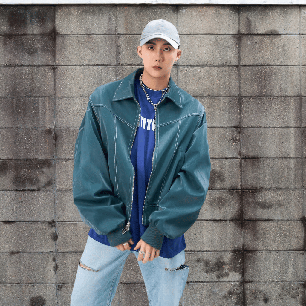 PU Leather Bomber Jacket | Retro and Rugged Jacket with Ribbed Cuffs-Lanuvo
