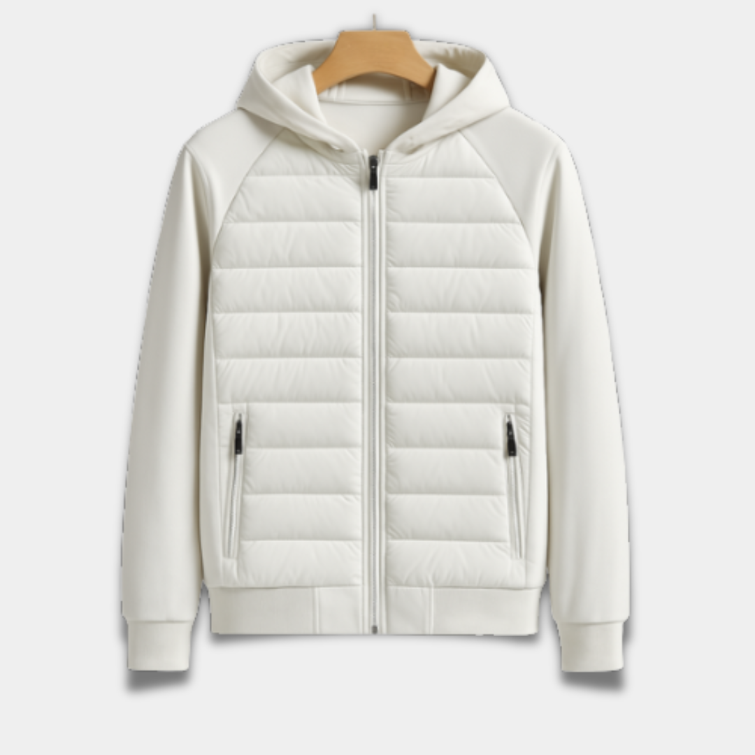white puffer jacket on a wooden hanger against a white background