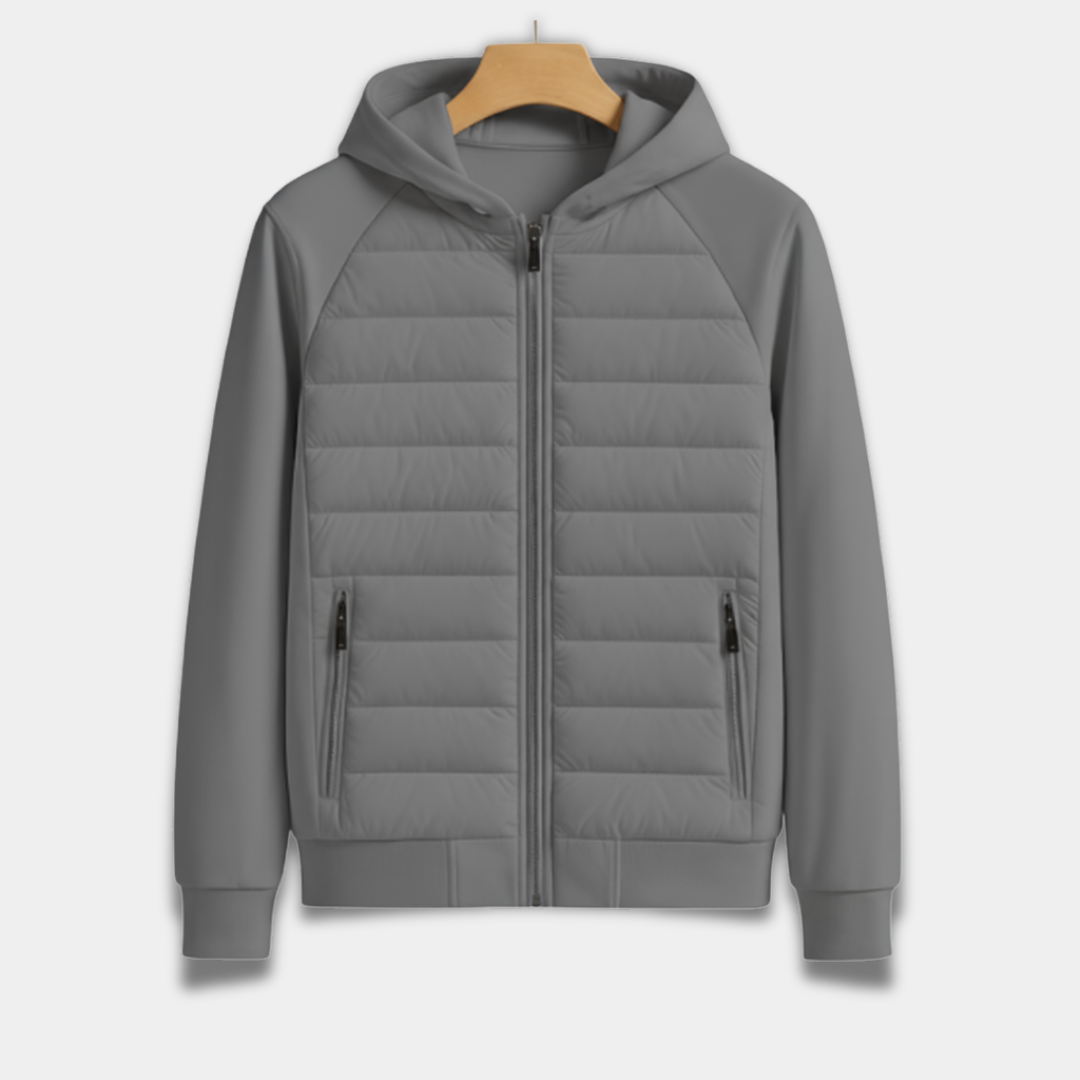 grey puffer jacket on a hanger against a light grey background