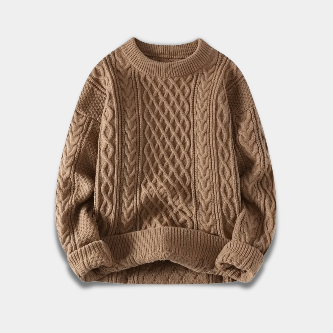 Men’s Cable Knit Sweater with Crew Neck and Relaxed Fit-Brown