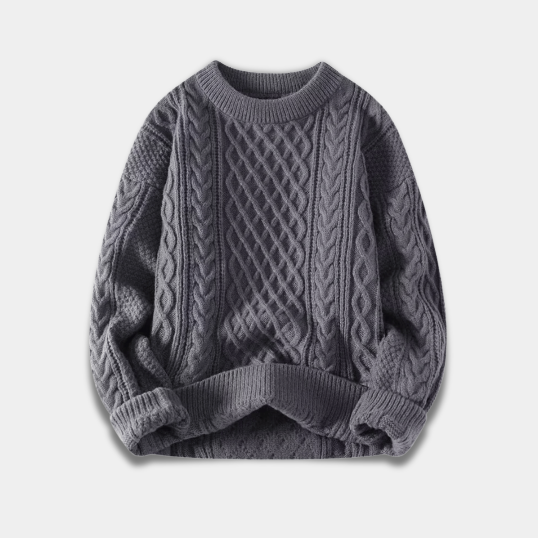 Men’s Cable Knit Sweater with Crew Neck and Relaxed Fit-Grey