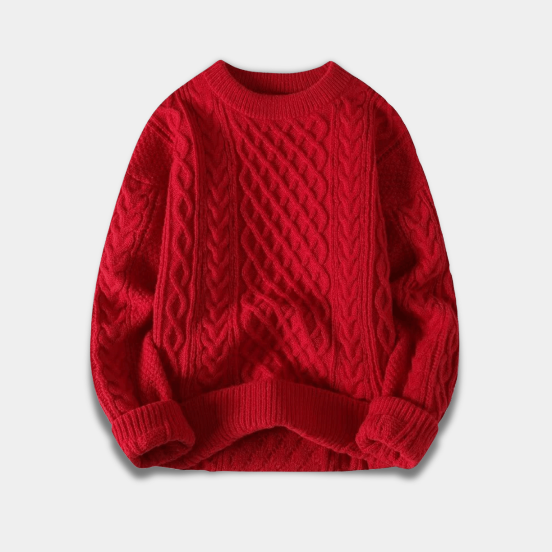 Men’s Cable Knit Sweater with Crew Neck and Relaxed Fit-Red