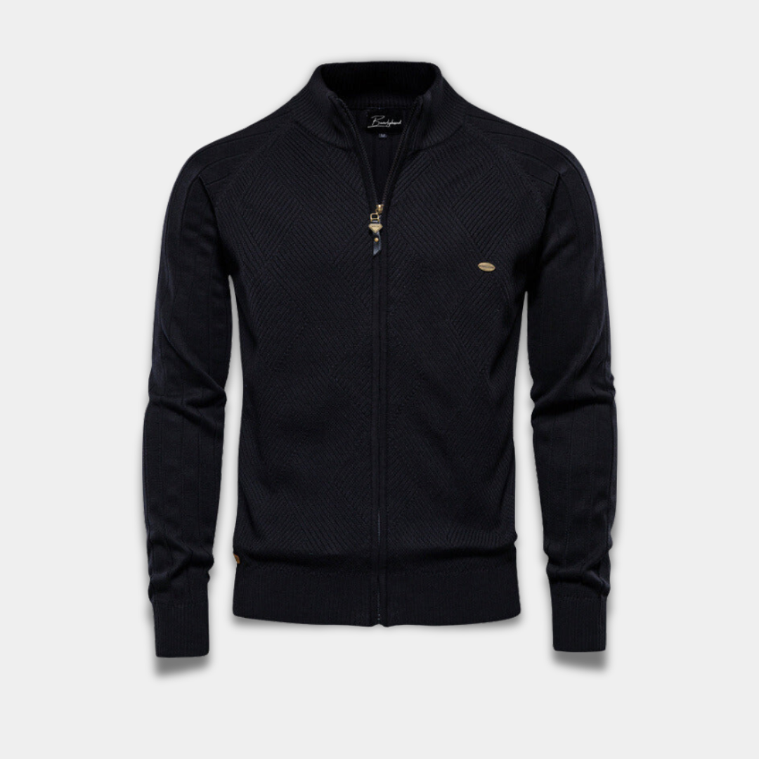 Men’s Full-Zip Knitted Cardigan with Textured Pattern-Black