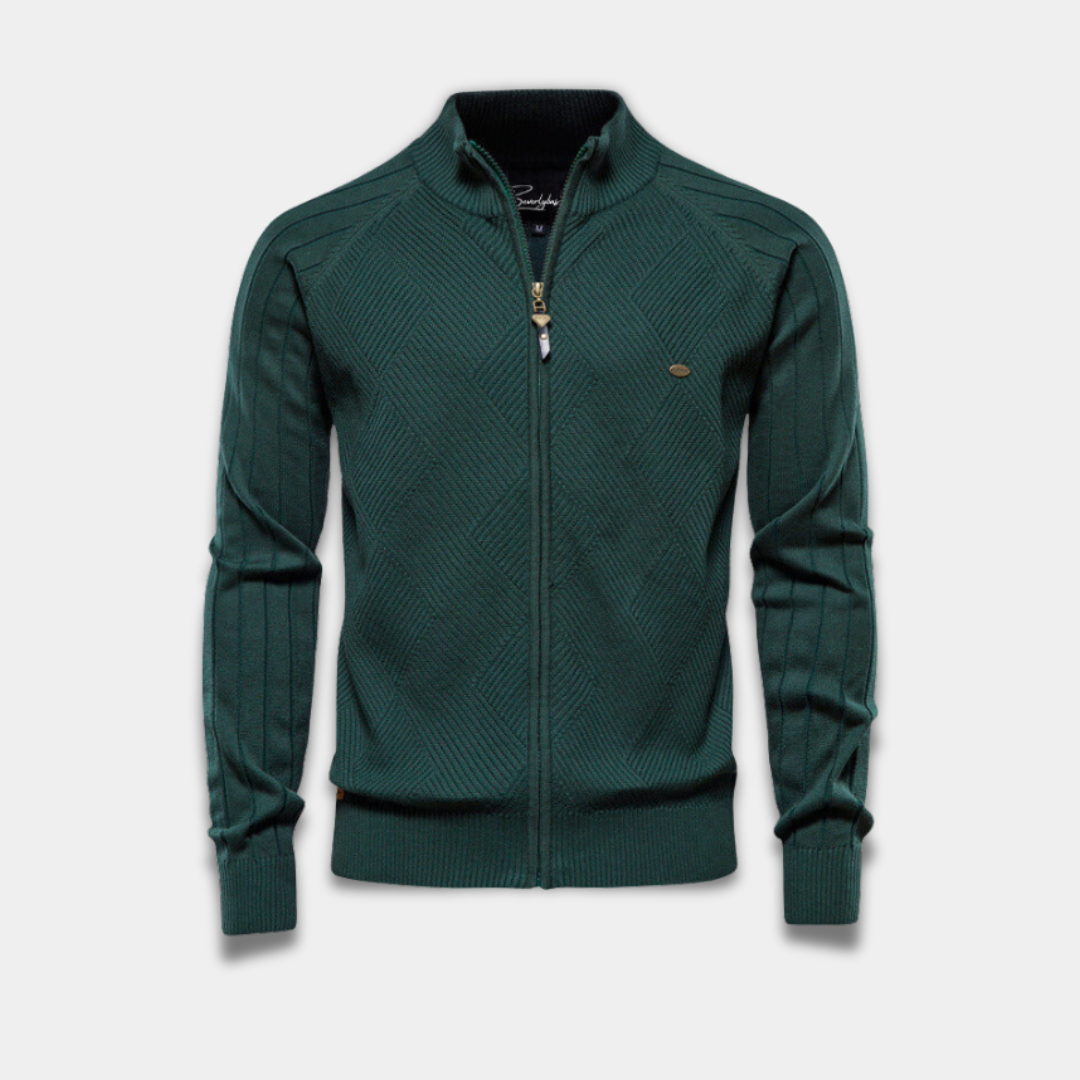 Men’s Full-Zip Knitted Cardigan with Textured Pattern-Green