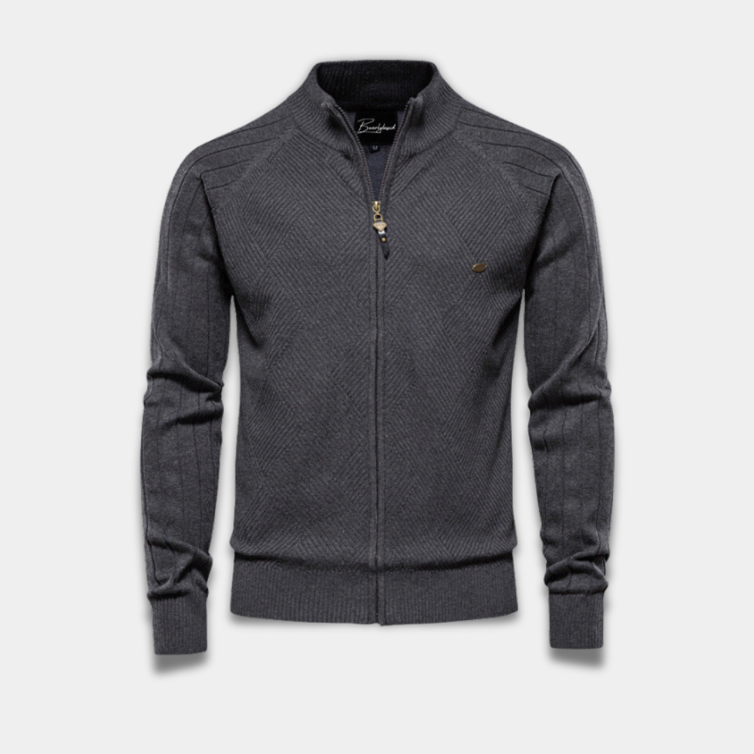 Men’s Full-Zip Knitted Cardigan with Textured Pattern-Grey