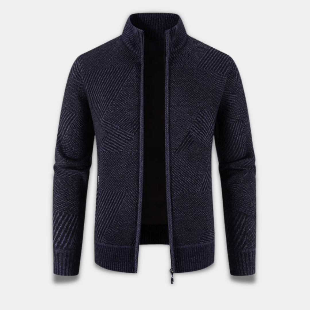 Men’s Geometric Knit Zip-Up Cardigan Sweater-Dark Blue