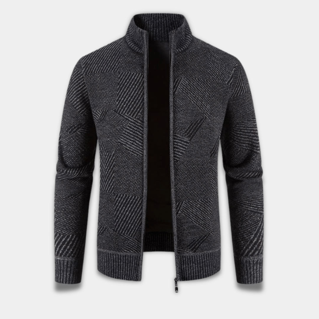 Men’s Geometric Knit Zip-Up Cardigan Sweater-Grey
