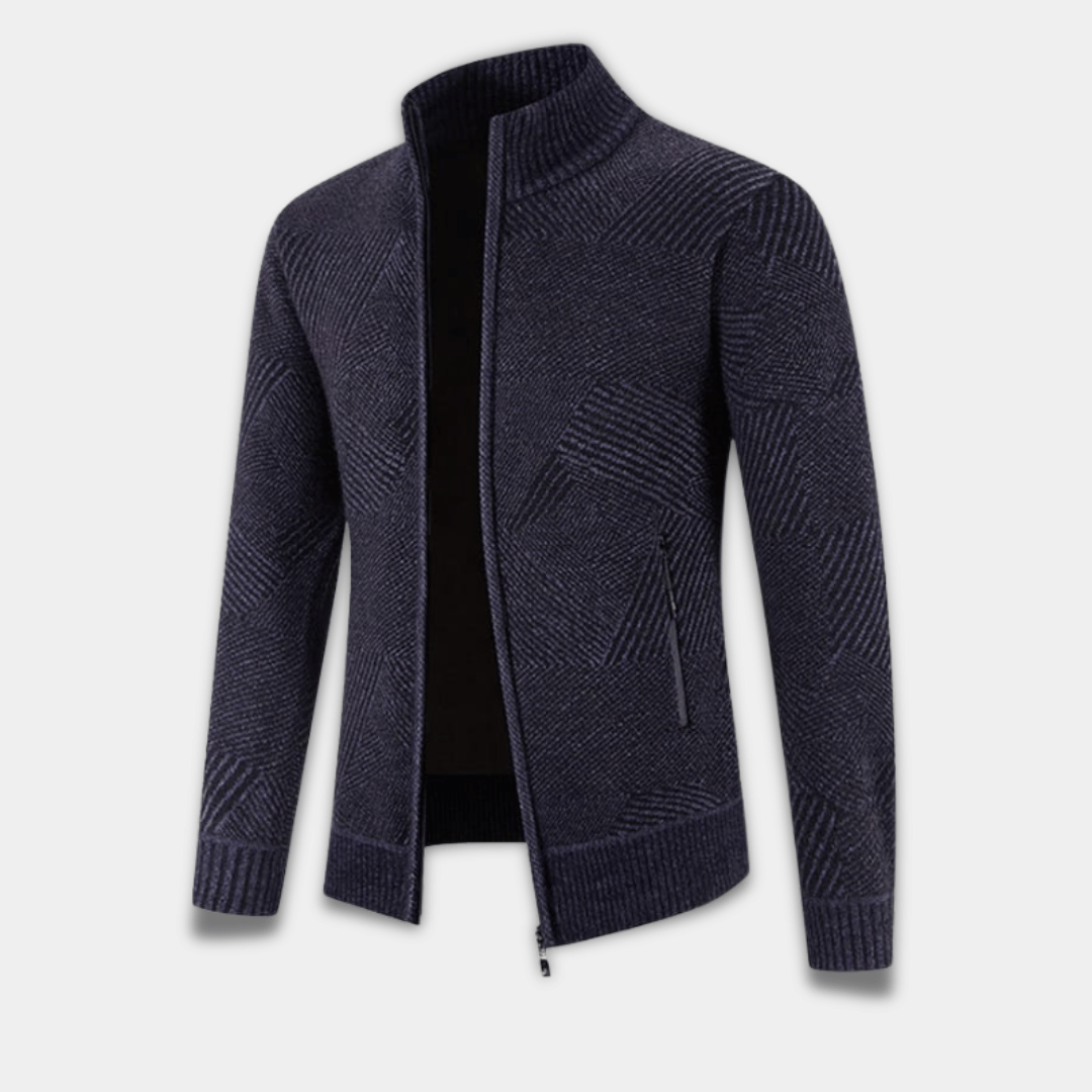 Men’s Geometric Knit Zip-Up Cardigan Sweater-Dark Blue
