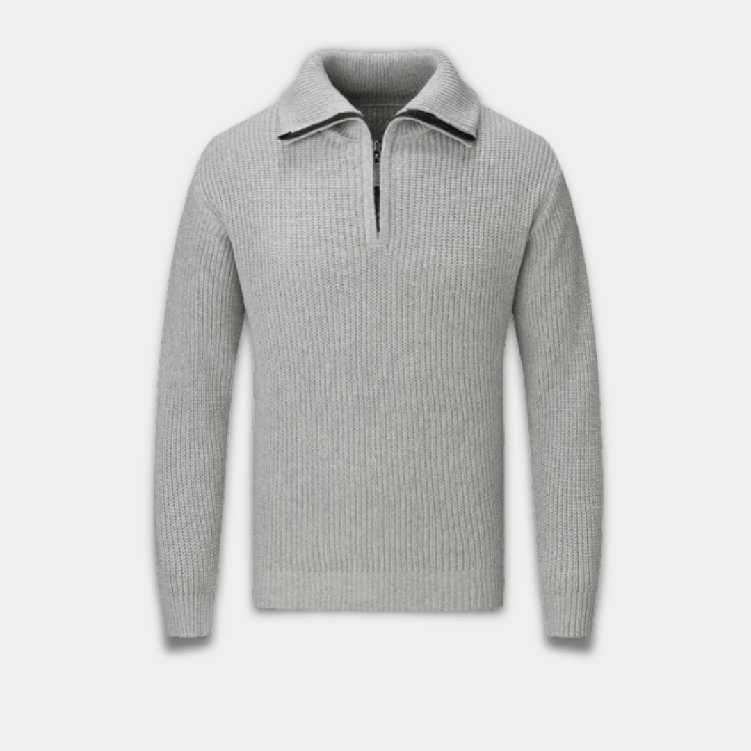 Men’s Half Zip Sweater with Textured Knit and High Collar-Grey