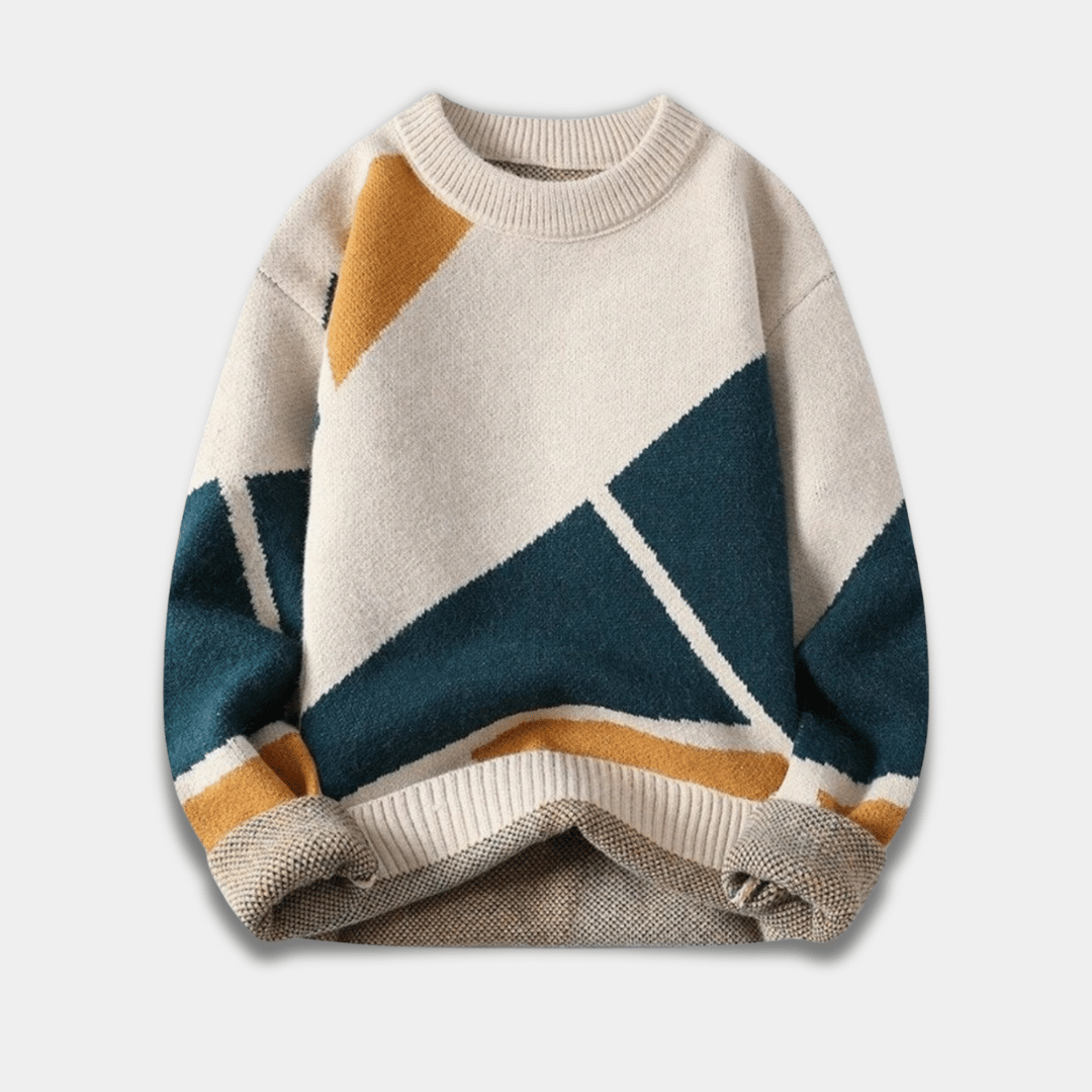 Men’s Knitted Sweater with Geometric Pattern in Thick Warm Fabric-Beige