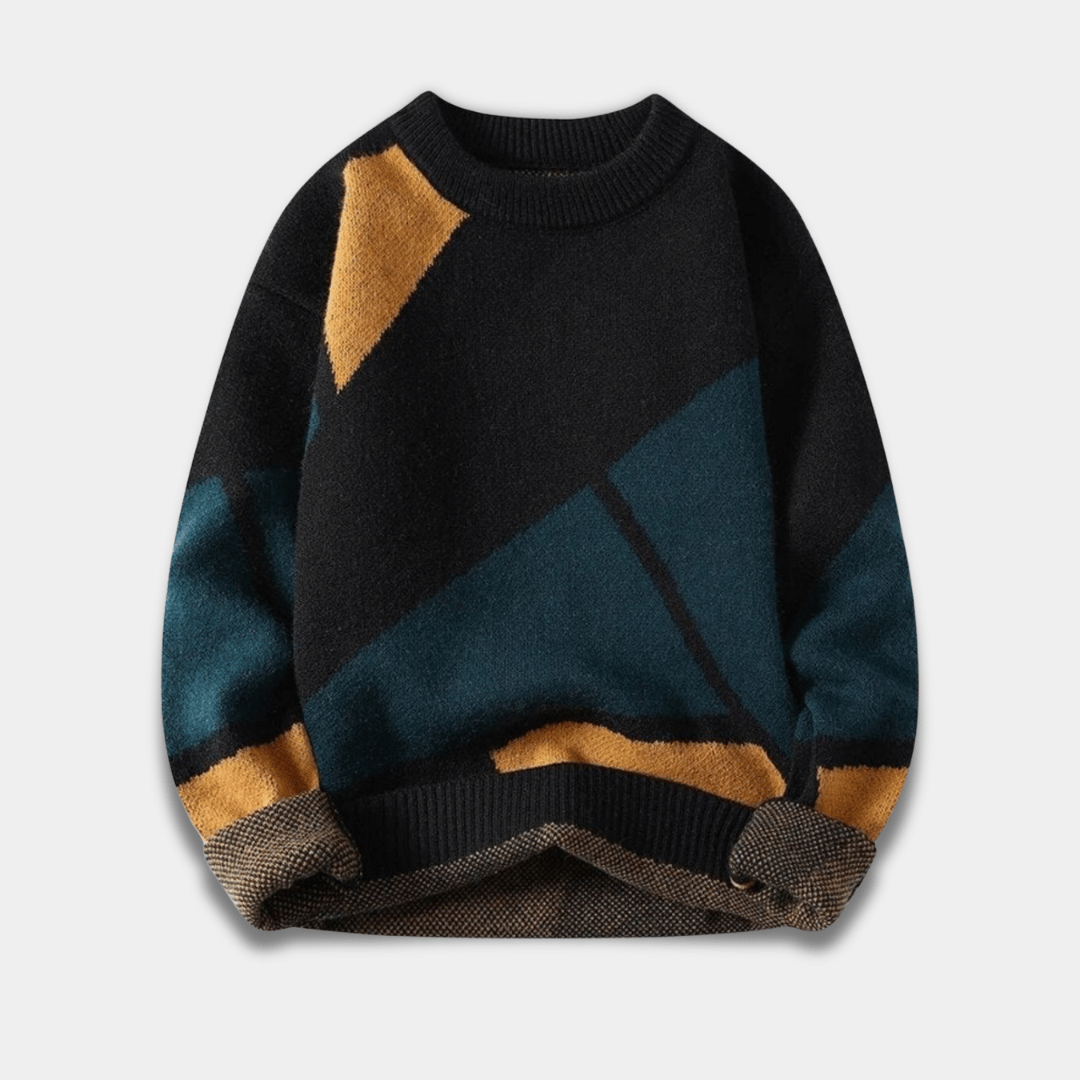 Men’s Knitted Sweater with Geometric Pattern in Thick Warm Fabric-Black