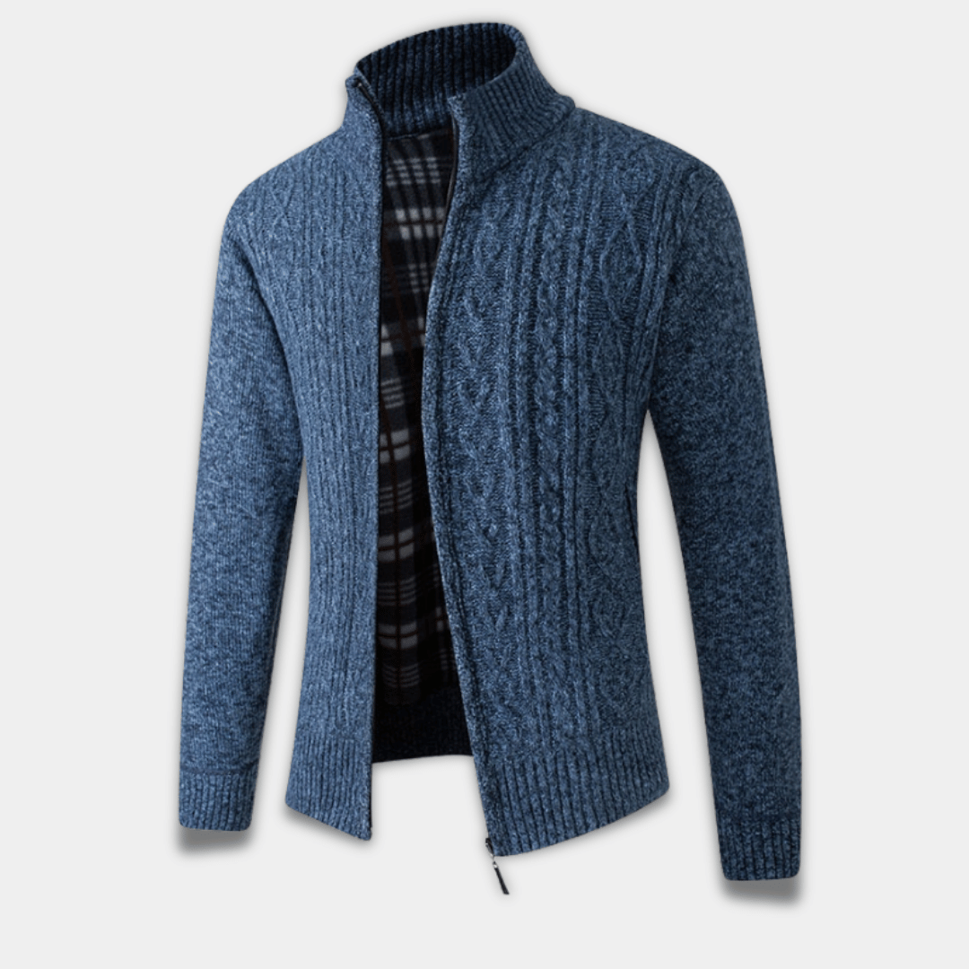 Men’s Knitted Zip-Up Cardigan with Cable Pattern and Warm Plaid Lining-Blue