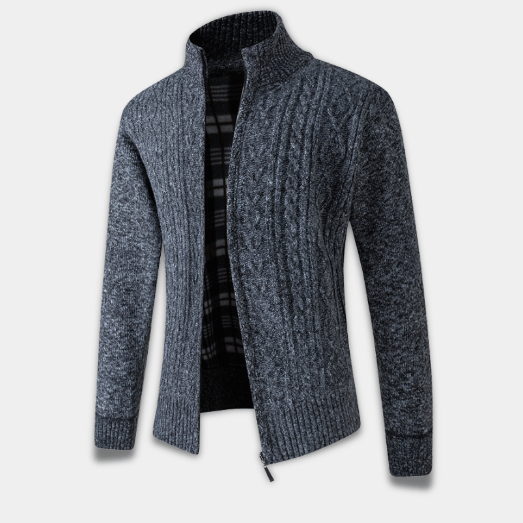 Men’s Knitted Zip-Up Cardigan with Cable Pattern and Warm Plaid Lining-Dark Grey