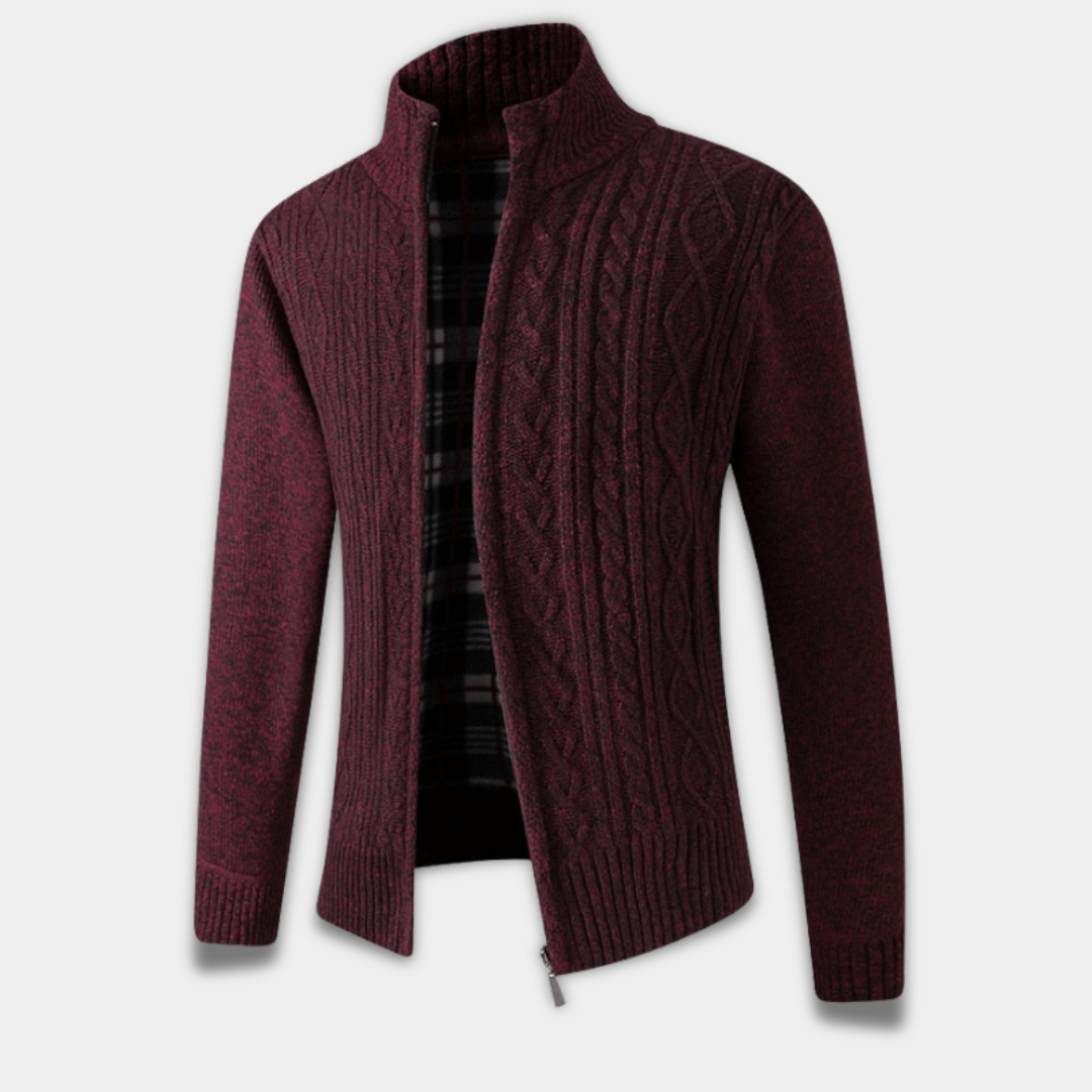 Men’s Knitted Zip-Up Cardigan with Cable Pattern and Warm Plaid Lining-Dark Red