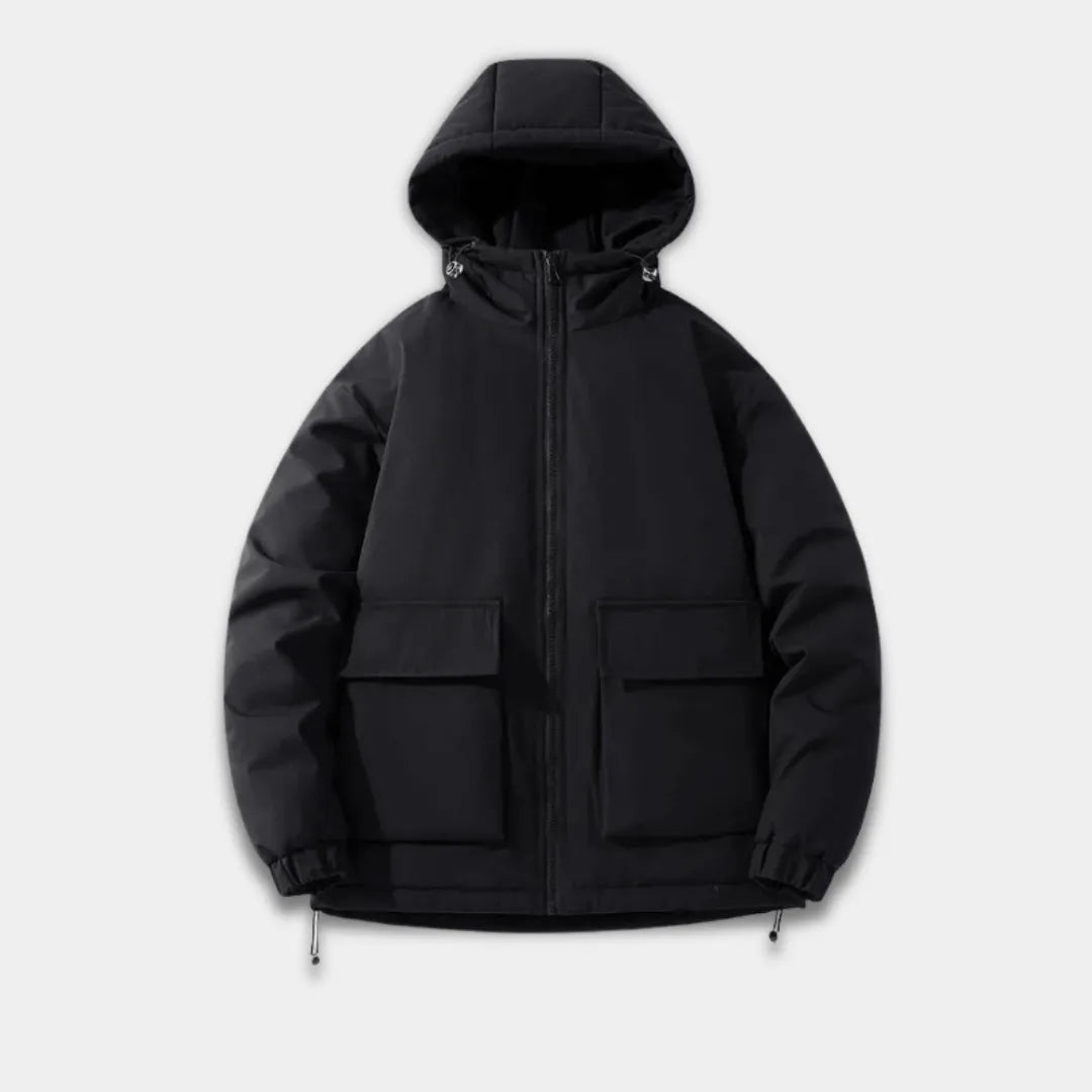 Men’s Oversized Quilted Hooded Jacket with Zip Front and Elastic Cuffs-Black