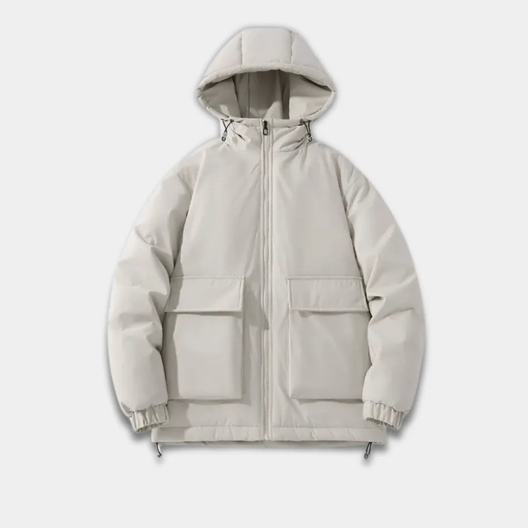 Men’s Oversized Quilted Hooded Jacket with Zip Front and Elastic Cuffs-Khaki