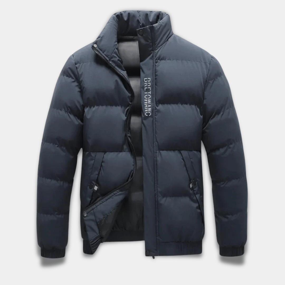 Men’s Quilted Puffer Jacket with High Collar and Warm Insulation-Navy Blue