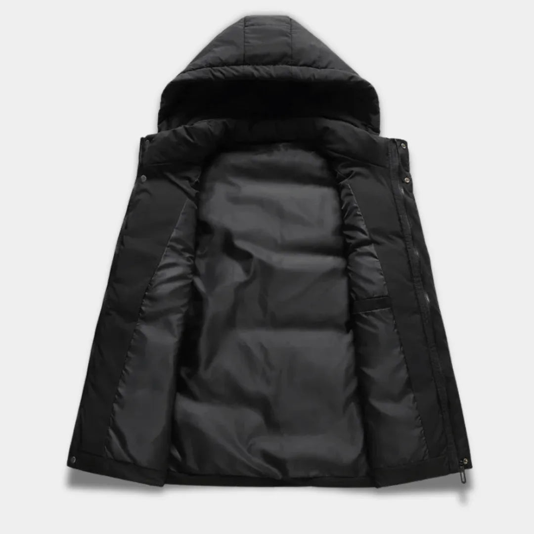 Men’s Quilted Puffer Vest with Adjustable Hood and Zip Pockets-Black
