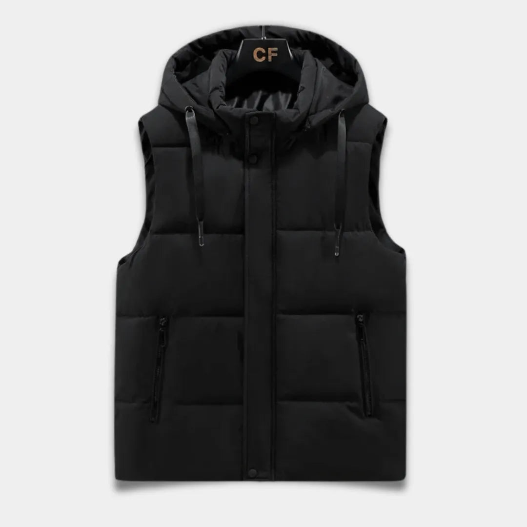 Men’s Quilted Puffer Vest with Adjustable Hood and Zip Pockets-Black