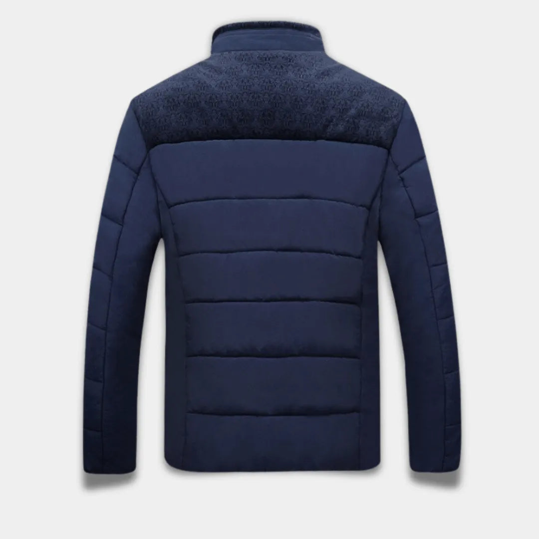 Men’s Regular Fit Quilted Jacket with Stand-Up Collar, Plush Lining and Textured Shoulders-Blue