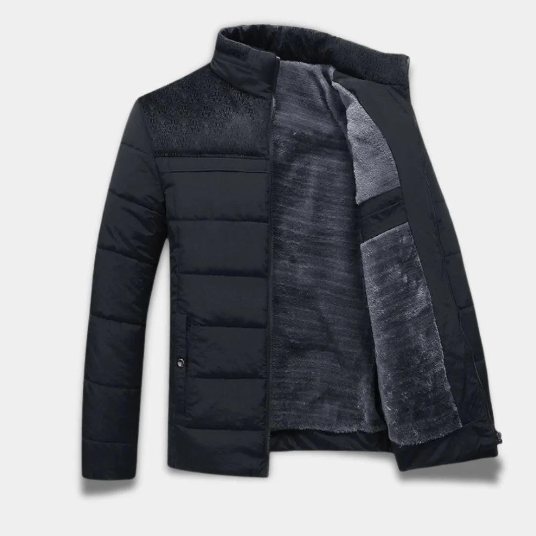 Men’s Regular Fit Quilted Jacket with Stand-Up Collar, Plush Lining and Textured Shoulders-Black