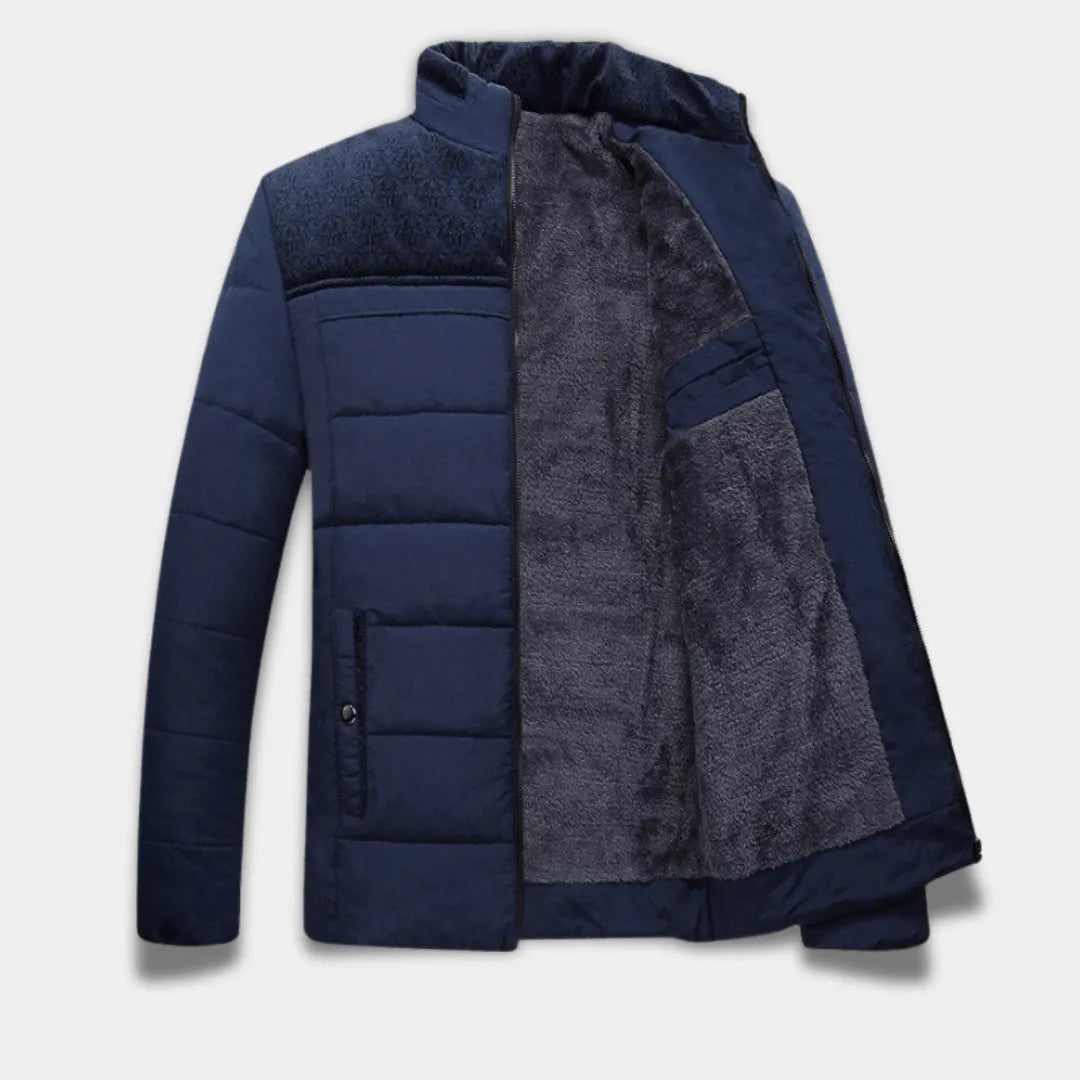Men’s Regular Fit Quilted Jacket with Stand-Up Collar, Plush Lining and Textured Shoulders-Blue