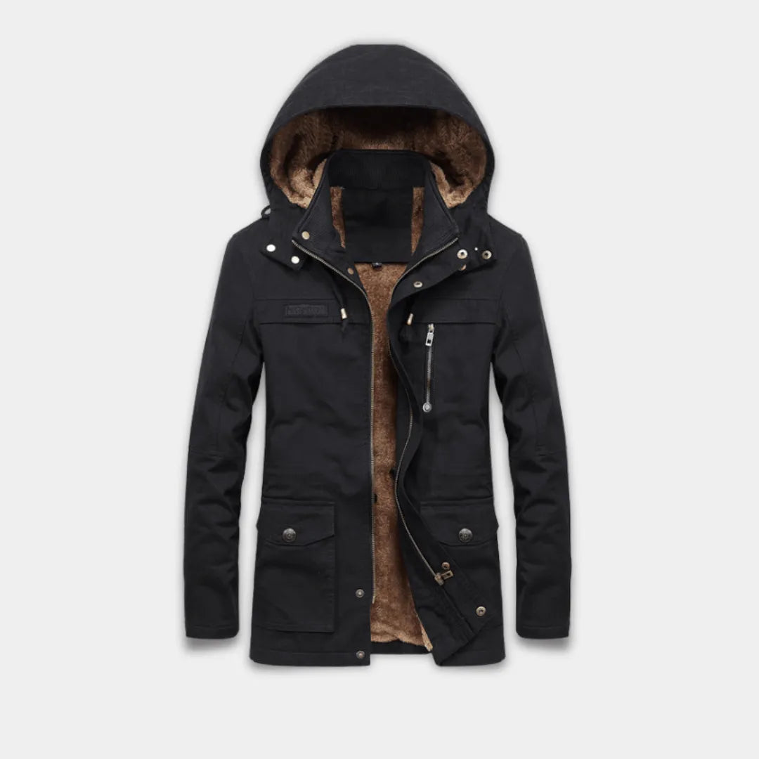 Men’s Relaxed Fit Hooded Jacket with Sherpa Lining and Multiple Pockets-Black