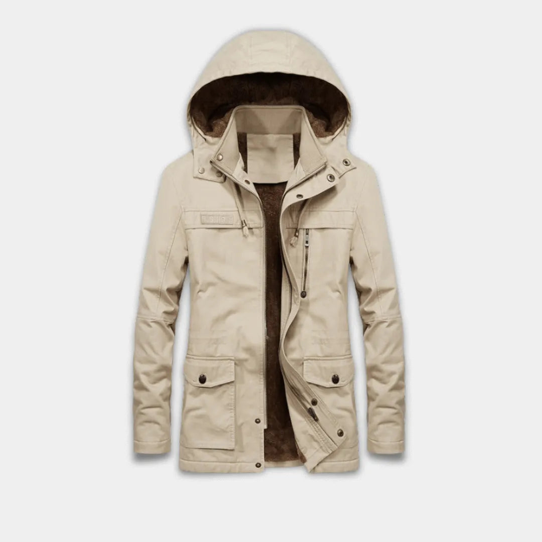 Men’s Relaxed Fit Hooded Jacket with Sherpa Lining and Multiple Pockets-Khaki