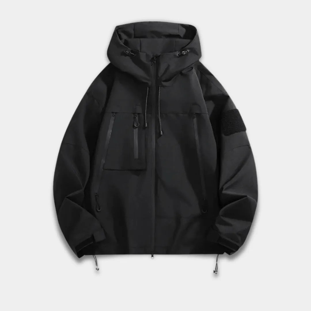 Men’s Relaxed Fit Wind-Resistant Jacket with Adjustable Hood and Utility Pockets-Black