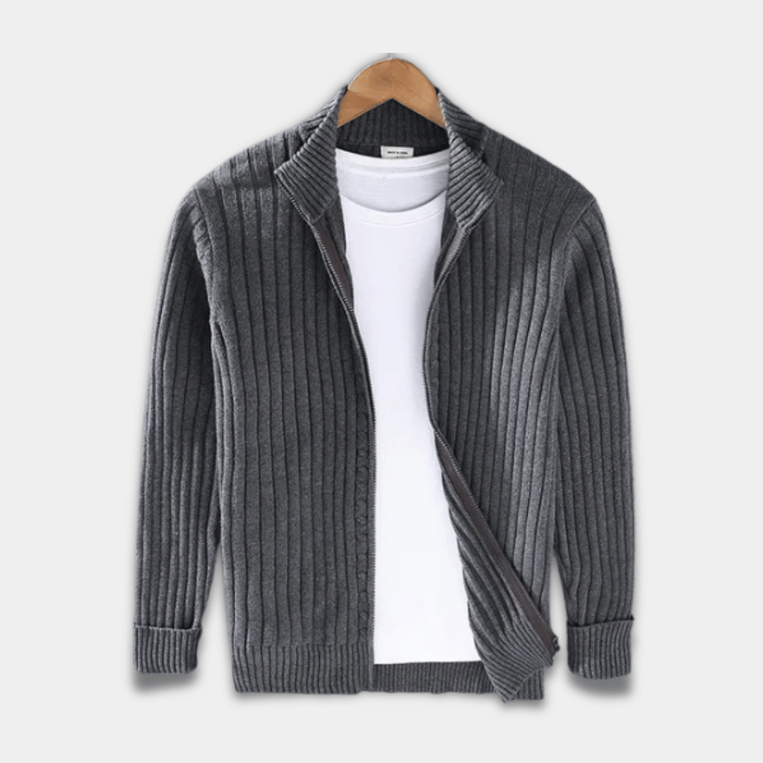 Men’s Ribbed Knit Zip-Up Cardigan Sweater-Grey