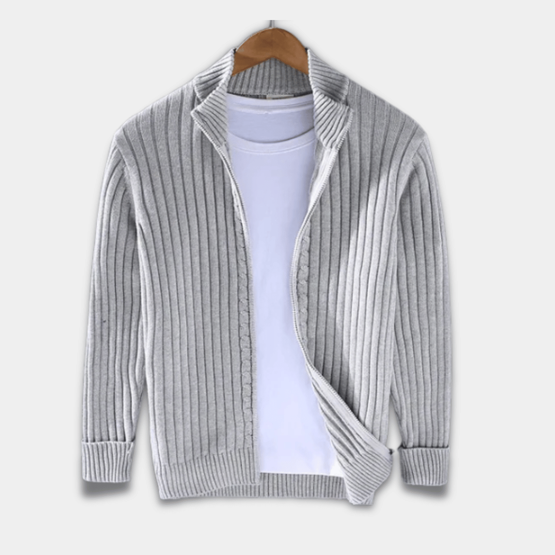 Men’s Ribbed Knit Zip-Up Cardigan Sweater-Light Grey