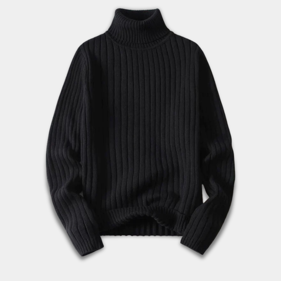 Men’s Ribbed Turtleneck Sweater with Classic Fit-Black
