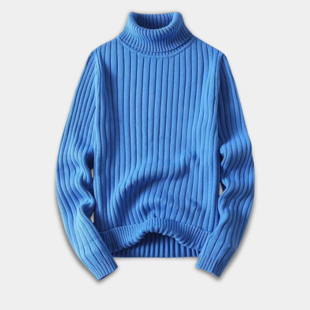 Men’s Ribbed Turtleneck Sweater with Classic Fit-Blue