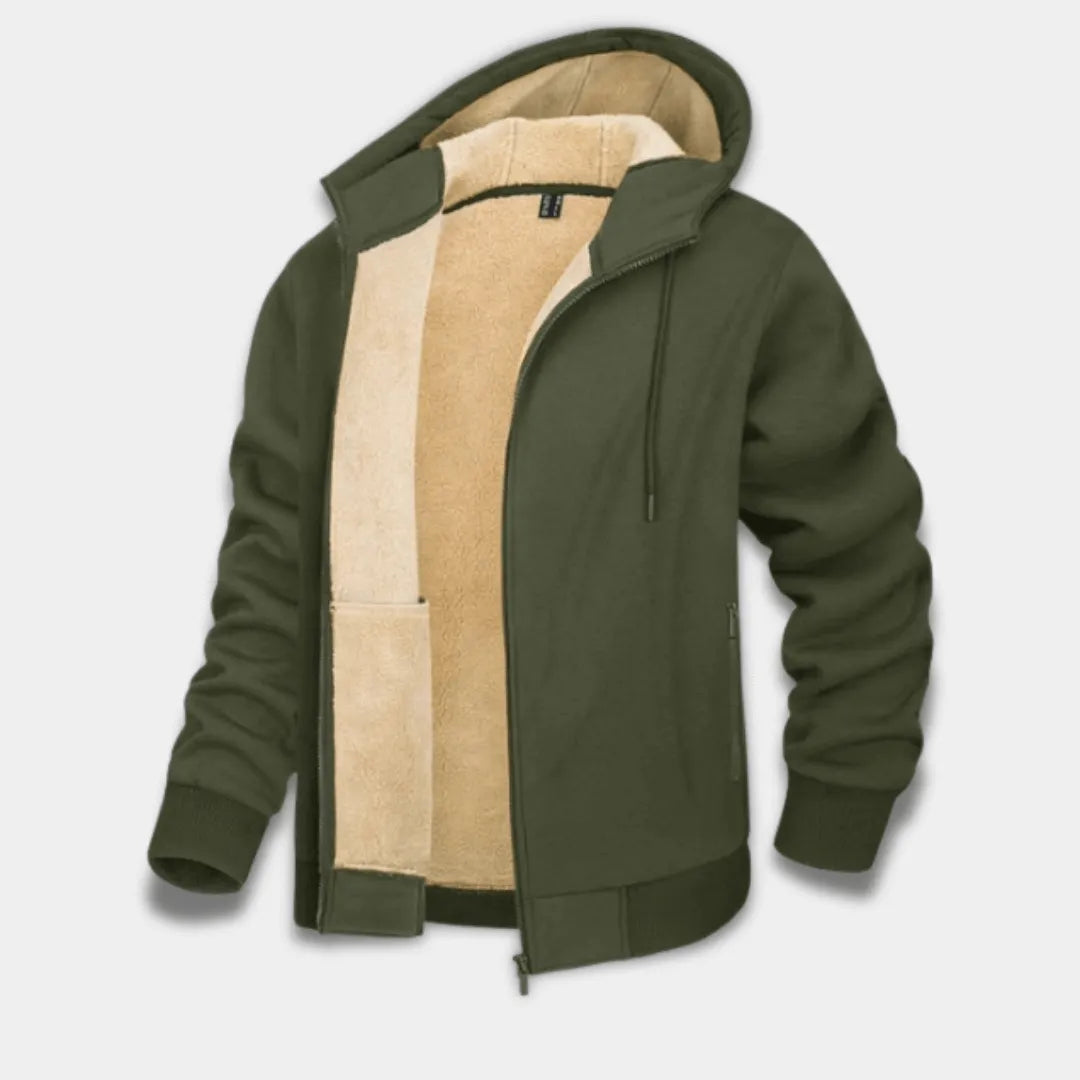 Men’s Sherpa-Lined Hoodie Jacket with Full Zip and Ribbed Trim-Army Green