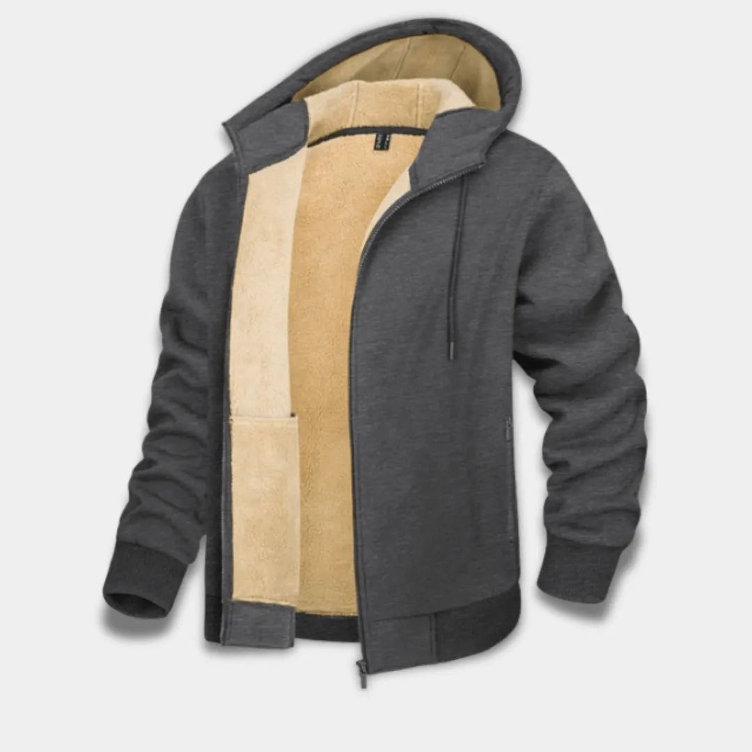 Men’s Sherpa-Lined Hoodie Jacket with Full Zip and Ribbed Trim-Dark Gray
