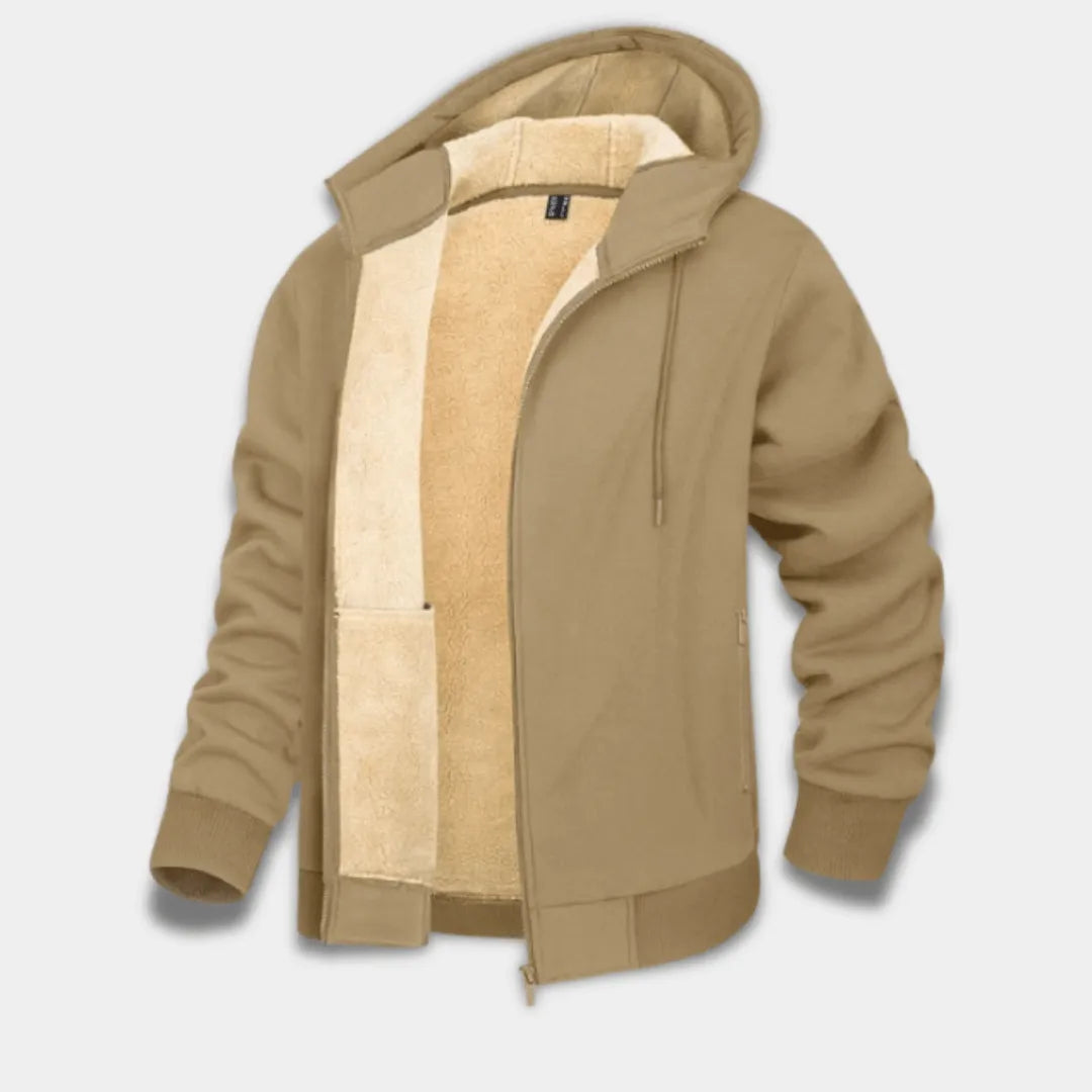 Men’s Sherpa-Lined Hoodie Jacket with Full Zip and Ribbed Trim-Khaki